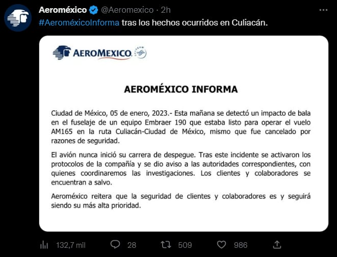 Aeroméxico confirms attack on commercial flight