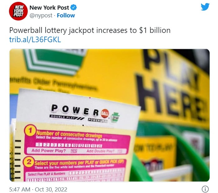 Premio mayor de Powerball alcanza los 1,000 millones de dólares