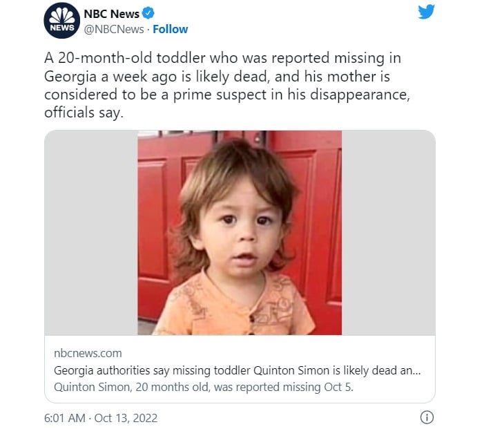 Quinton Simon niño desaparecido en Georgia muerto