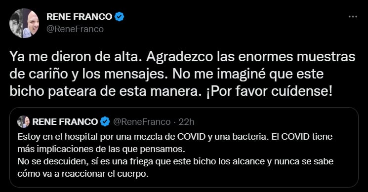 Dan de alta a René Franco tras complicación de COVID-19