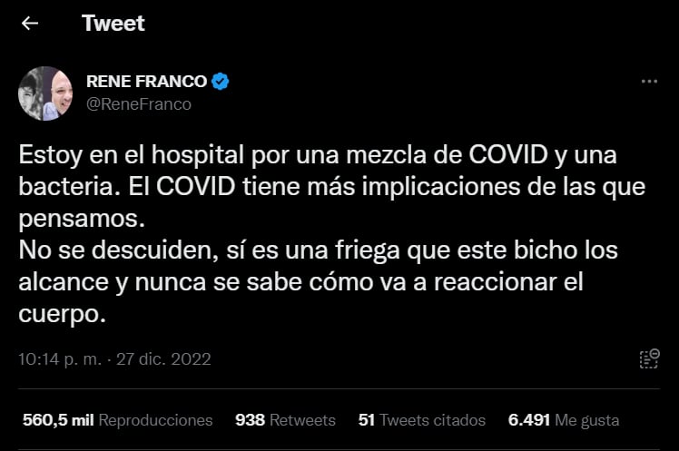 René Franco es hospitalizado por complicaciones de COVID-19