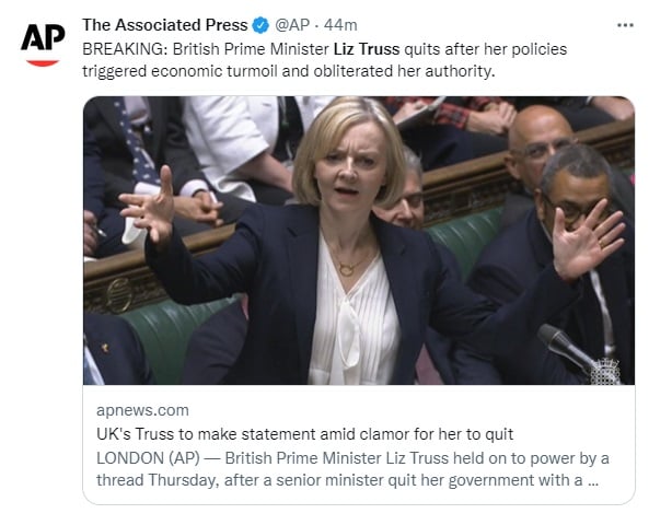 Renuncia primera ministra del Reino Unido Liz Truss