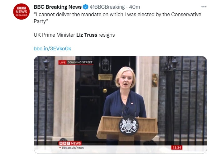 Renuncia primera ministra del Reino Unido Liz Truss