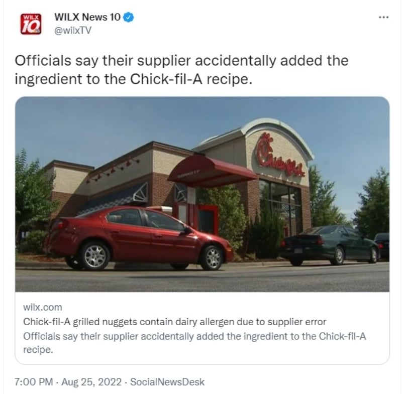Chick-fil-A detecta ingrediente alérgeno en sus platillos