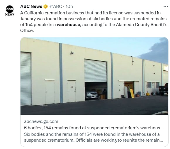 Cuerpos cremados almacén California