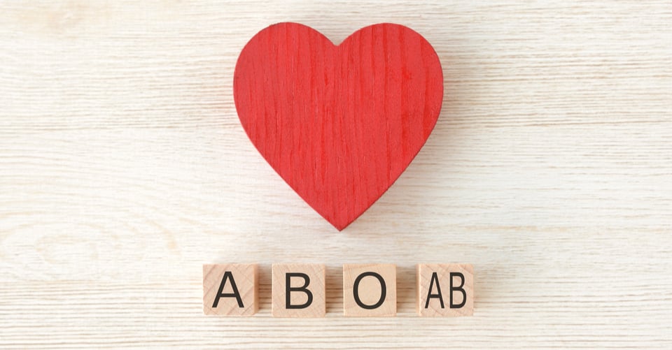 Heart along with wooden dice with blood types