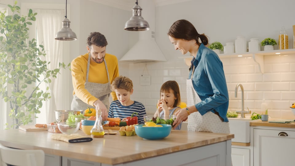 familia, cocina, cena, padres e hijos, hogar