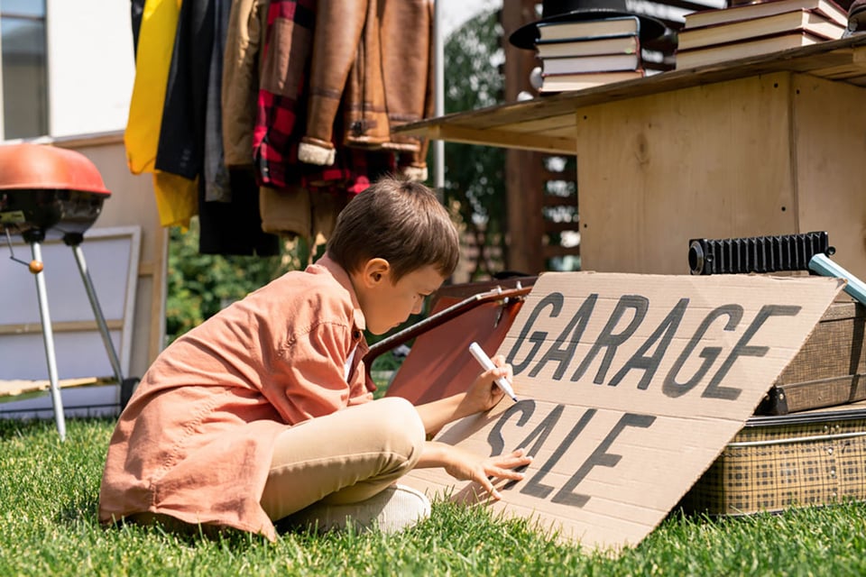 Marketing, venta de garaje, niño, signo, hogar