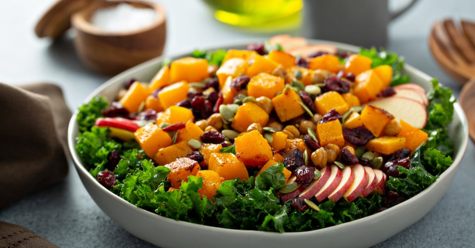 salad, peaches, blueberries, lettuce, apple