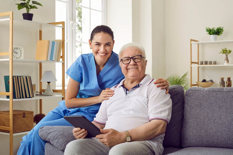 Portrait, smiling, nursing home, nurse, older man