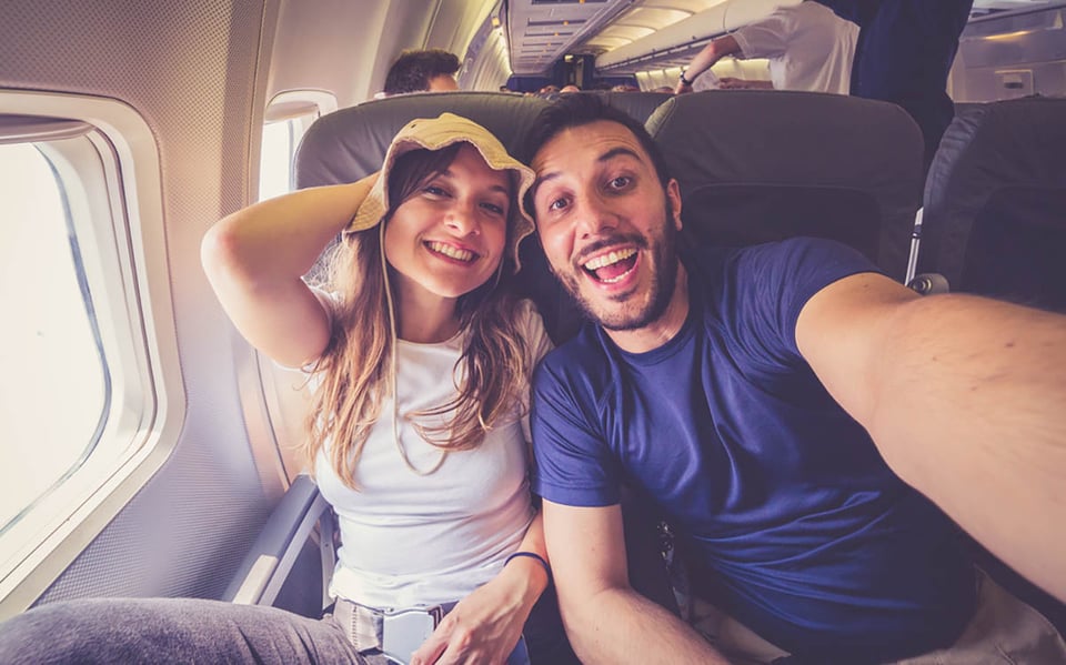 Estrategias inteligentes, vuelo, viajes, selfie, vacaciones.