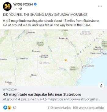 Sismo de magnitud 4.5 sacude en Georgia en medio de la madrugada