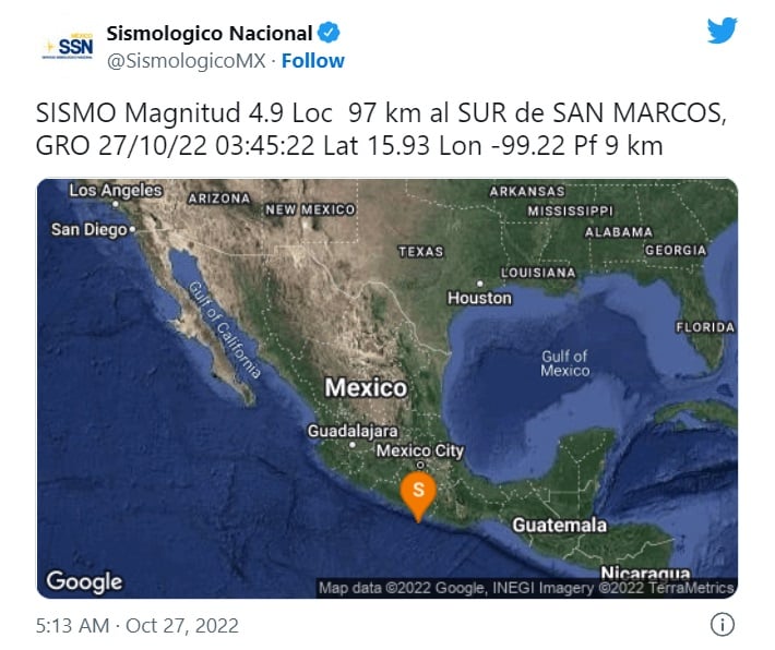 sismo sacude en Guerrero México