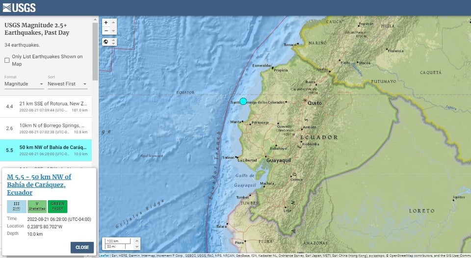 sismo magnitud 5,5 costas de Ecuador