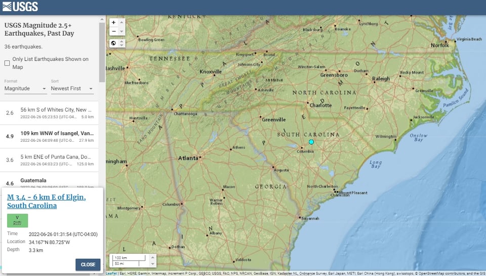 Sismo Carolina del Sur estados