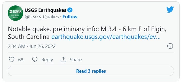 Sismo Carolina del Sur estados