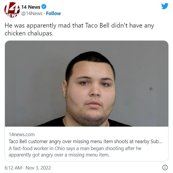 Cliente de Taco Bell se desquita a balazos por unas chalupas de pollo