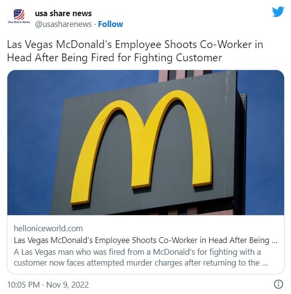 Empleado de McDonalds molesto le disparó a un compañero en la cabeza