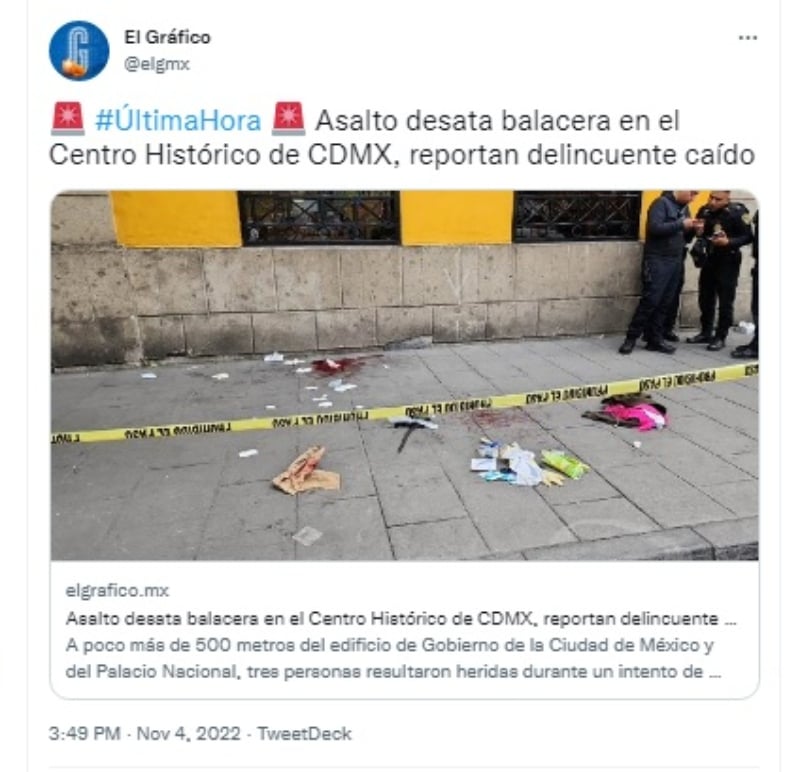 Reportan tiroteo en Centro Histórico de México
