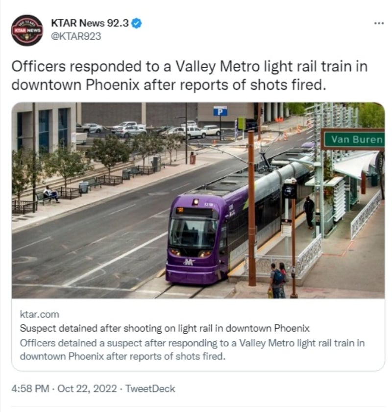 Tiroteo tren ligero Phoenix: Reportan una persona herida
