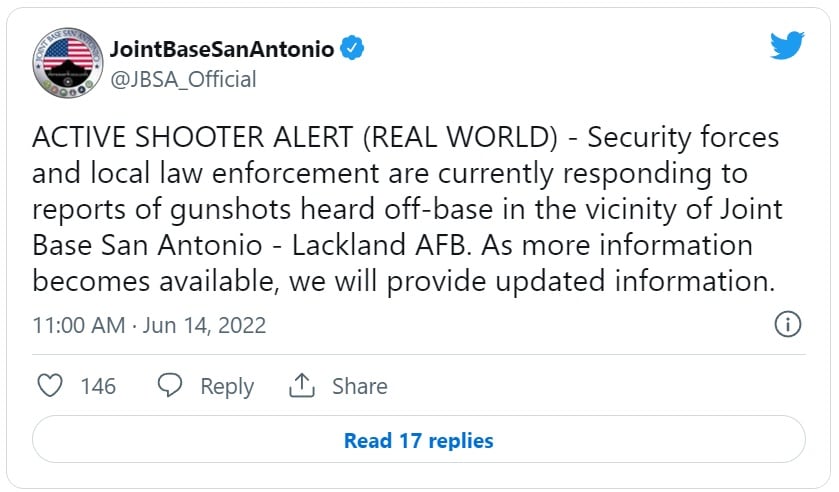 Reportan disparos y cierran la Base de la Fuerza Aérea Lackland