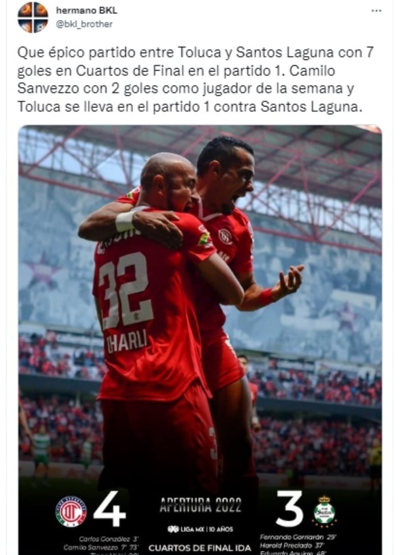 Toluca vence a Santos Laguna por un marcador de 4-3
