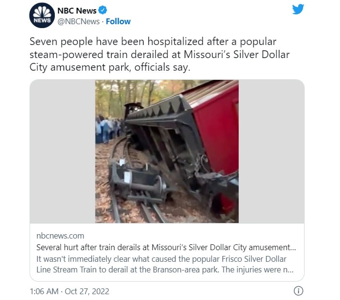 Tren en parque de Missouri se descarrila
