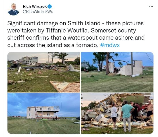 Viviendas devastadas por tromba marina que se trasladó a tierra en isla de Maryland