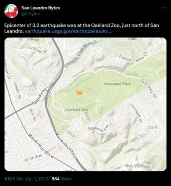 Saldo blanco tras los pequeños terremotos cerca del zoológico de Oakland