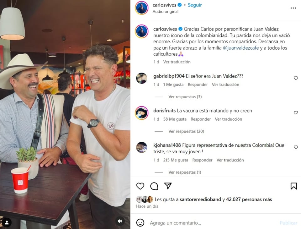Carlos Vives luto, Carlos Castañeda, cafetero, Juan Valdez, MundoNOW