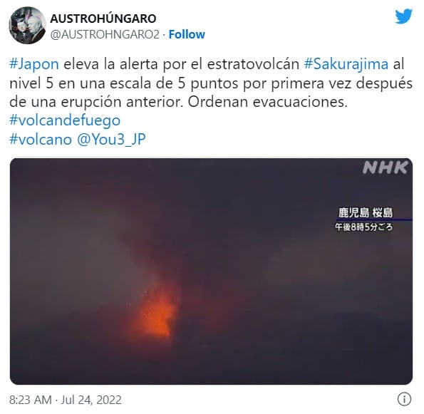 Volcán Japón en erupción alerta máxima