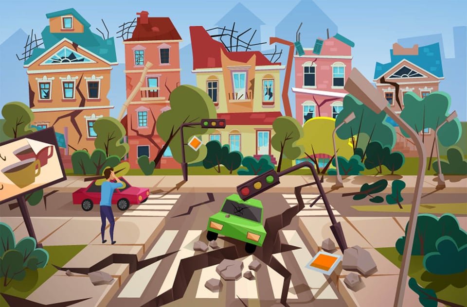 que hacer en un terremoto, concepto, destrucción, sismo, ilustración