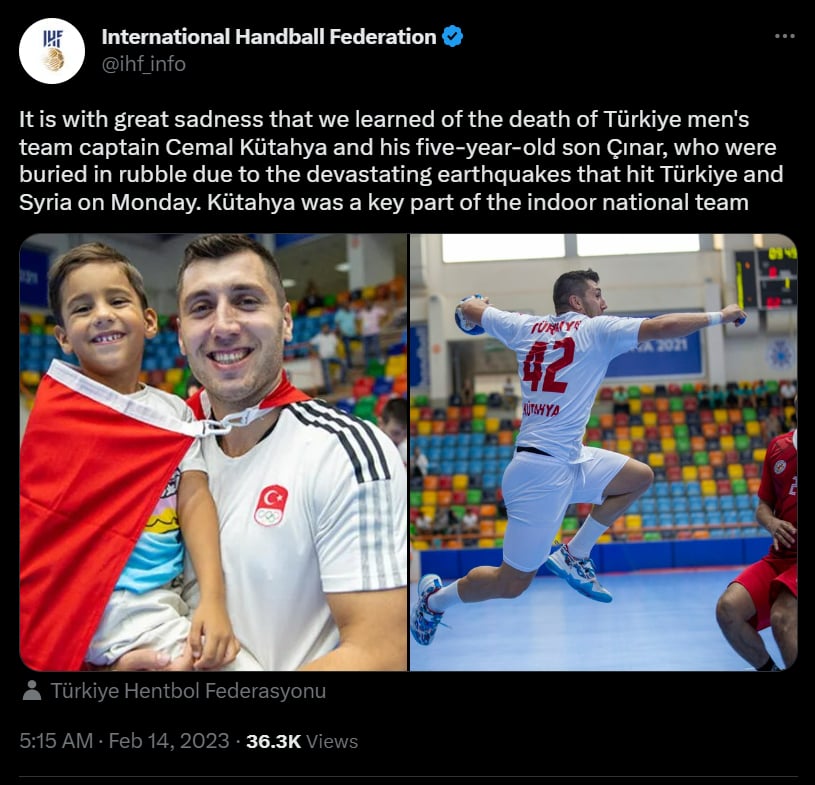 Capitán de la selección de Turquía de balonmano murió en un terremoto