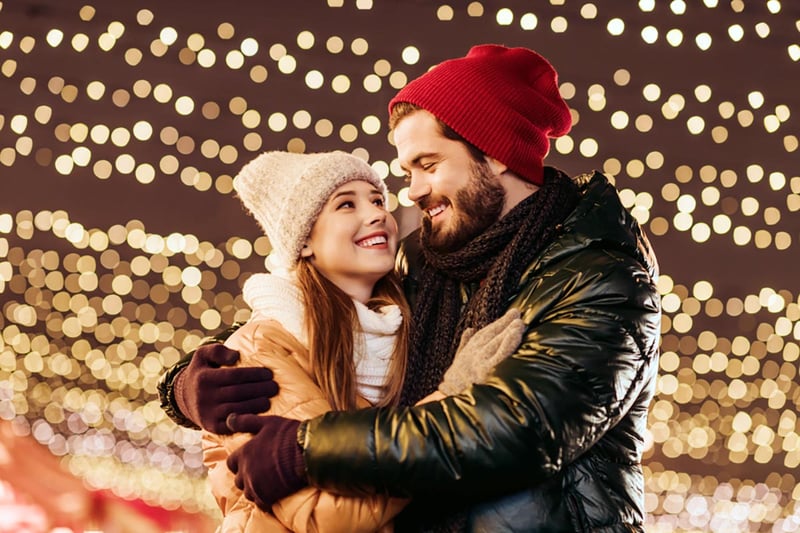 winter, date, couple, outdoors, lights