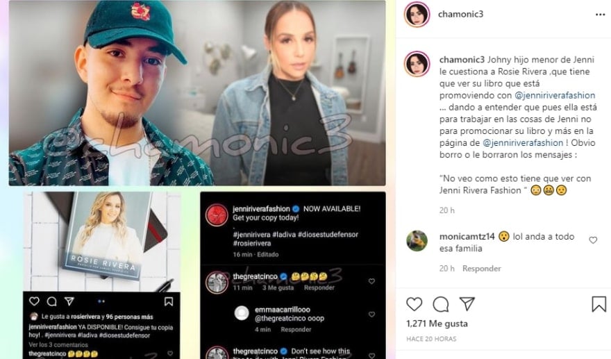 Johnny does not hide his hatred of his aunt Rosie Rivera and exhibits it in a comment that someone deleted Jenni Rivera