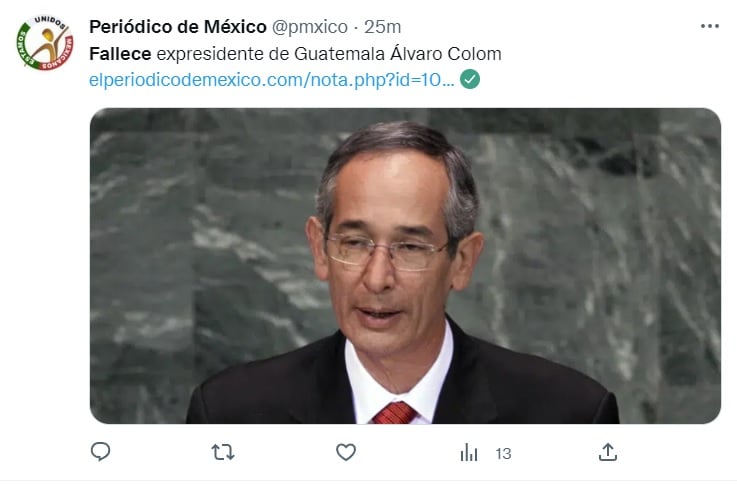 Lamentan el fallecimiento de Álvaro Colom