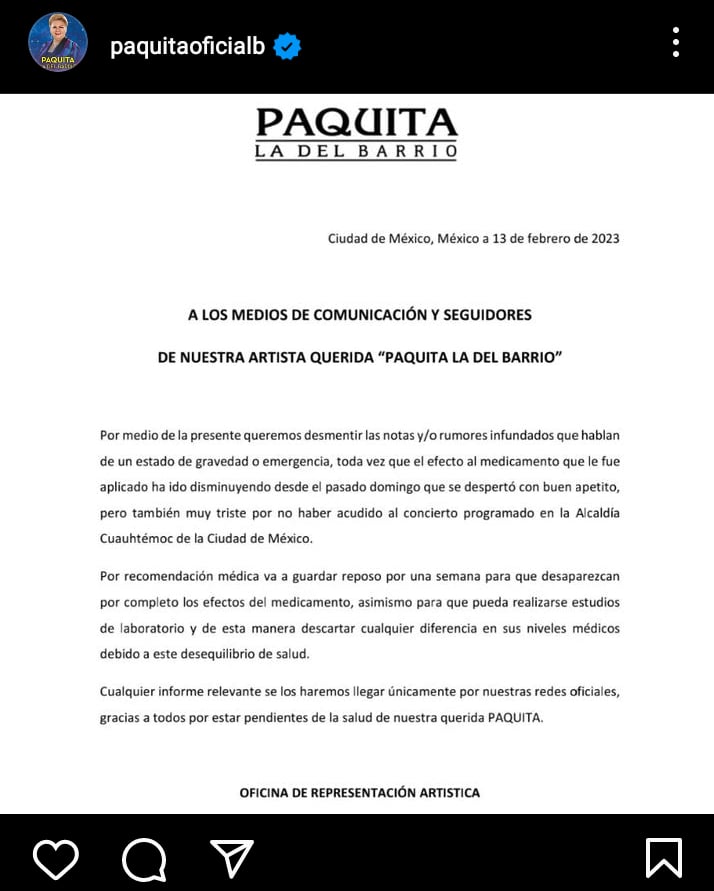 Paquita la del Barrio hospitalized