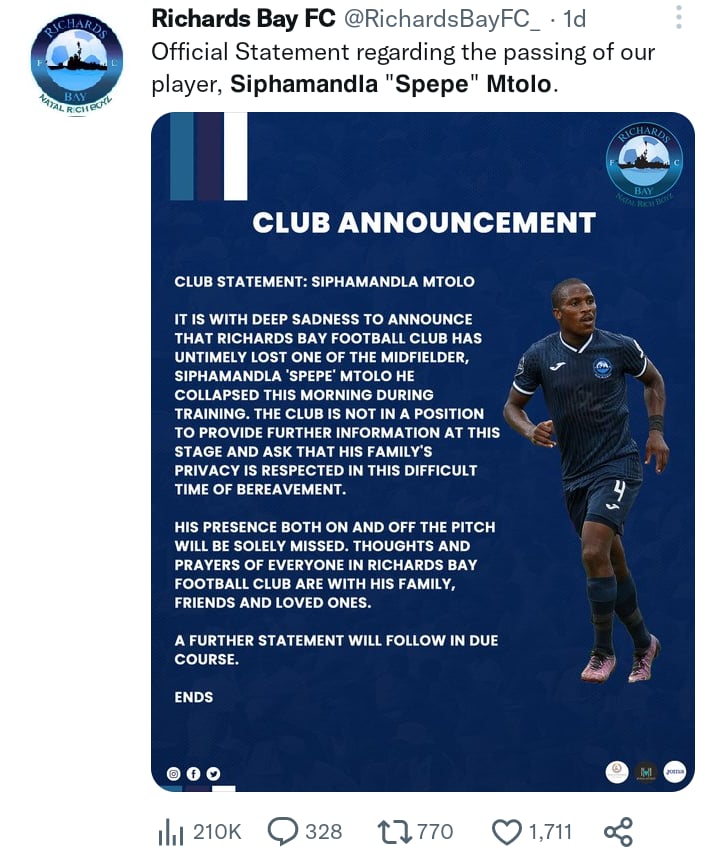 Soccer player Siphamandla Mtolo dies