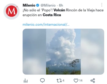 Volcán hace erupción en Costa Rica