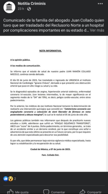 Operan a Juan Collado
