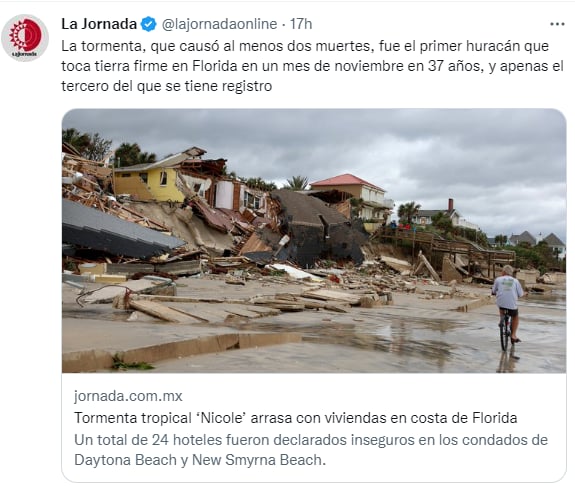 Muertes tormenta tropical Nicole: Número de muertes aumenta