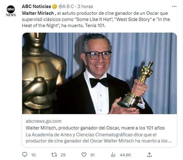 Muere Walter Mirisch: Se llevó dos Oscar a casa