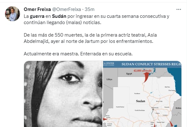 Muere actriz en Sudán: Piden alto al fuego