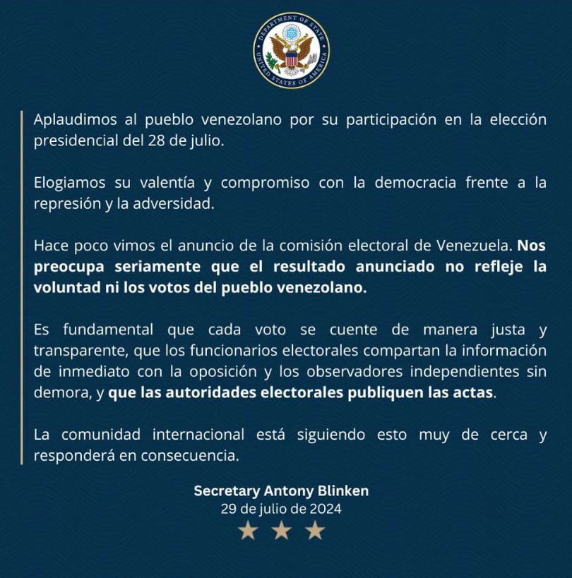 Antony Blinken,Venezuela,comunicado, Estados Unidos, MundoNow