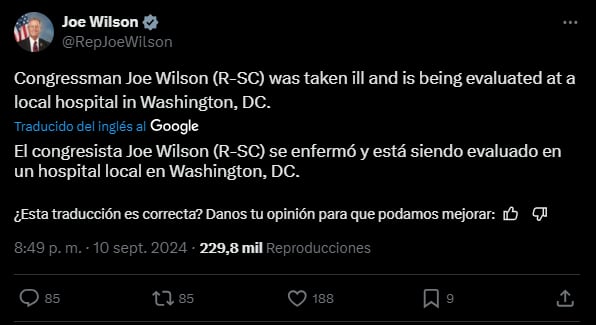 Joe Wilson,salud,congresista,derrame,MundoNow