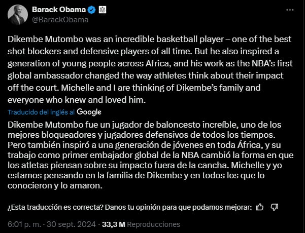 Barack Obama tribute Mutombo,NBA,death,MundoNow