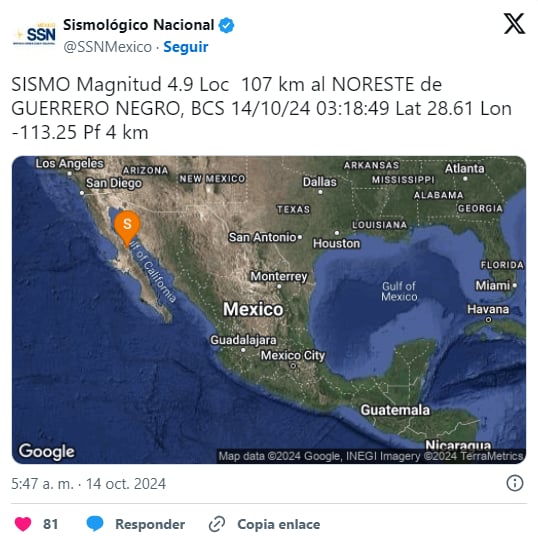 Temblor Baja California Sur ,Guerrero Negro ,sismo,Mexico