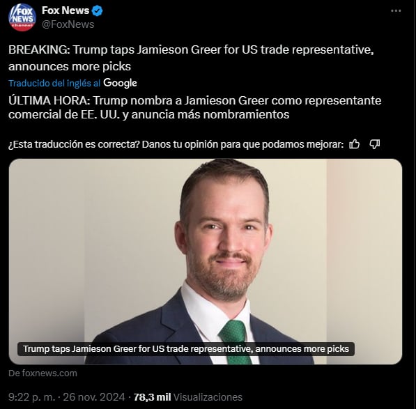 Trump,Greer,Trump elige a Greer, representante comercial,MundoNow