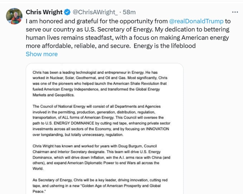 Chris Wright, Donald Trump, climate change, social networks, MundoNOW