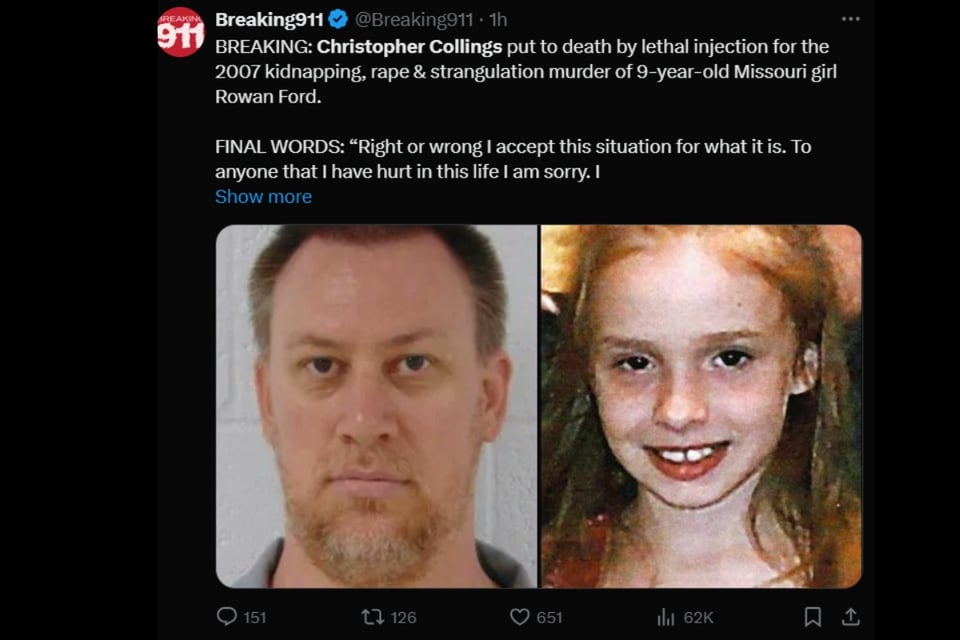 ejecución, Christopher Collings, pena de muerte, asesinato de Rowan Ford, justicia en Missouri, abuso infantil, inyección letal, crimen, Stella Missouri, MundoNOW.